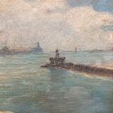 Oil painting of Harwich Docks by Geoffrey French. 1930