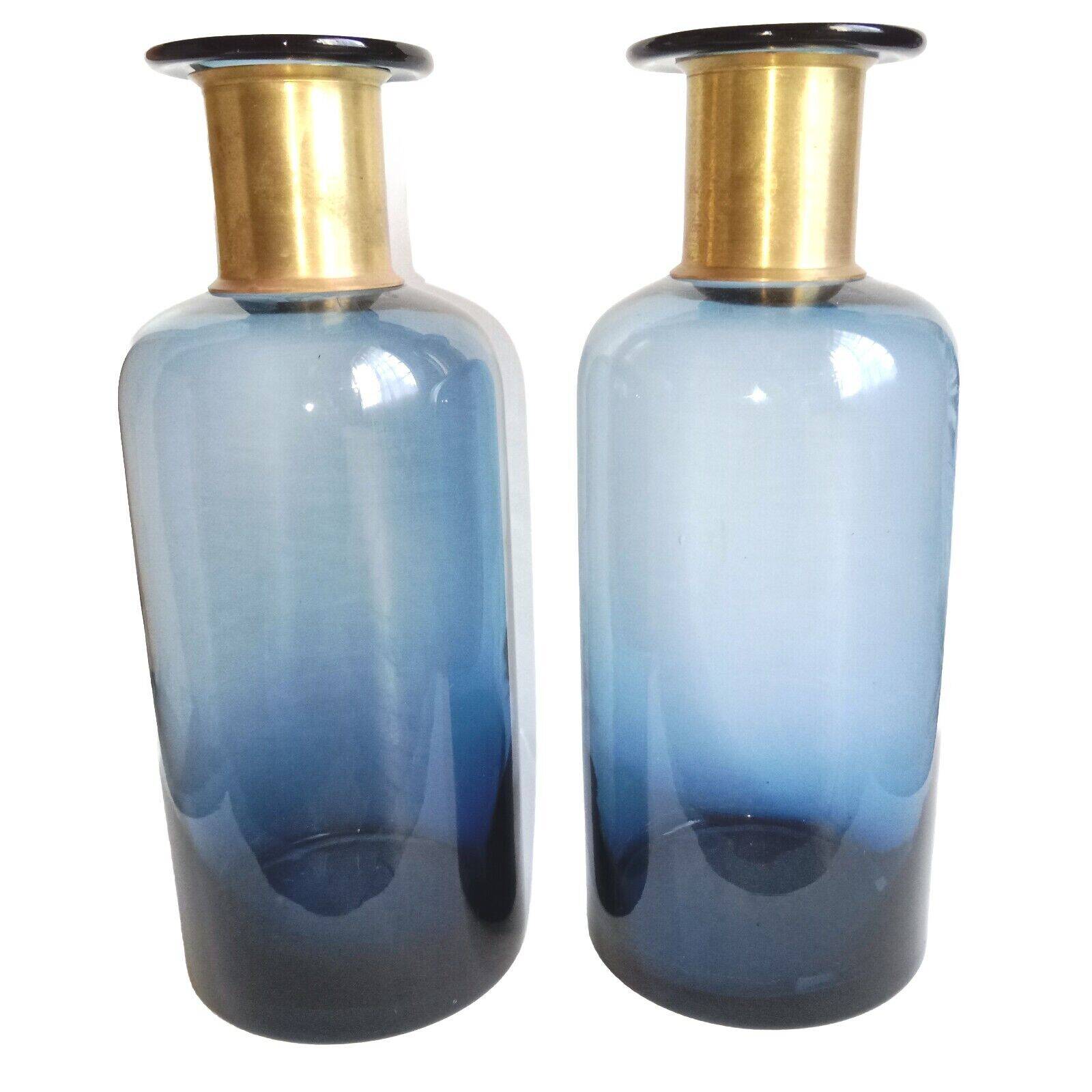 2 blue glass bottle vases with gold necks, 30 cm high