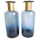 2 blue glass bottle vases with gold necks, 30 cm high