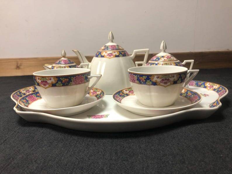 Art Deco Porcelain Tête-à-Tête Set: Boisbertrand Limoges, France