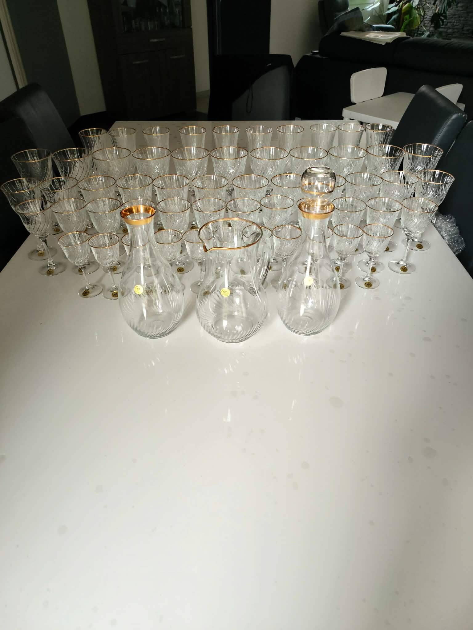 Crystal glassware set with decanter.