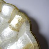 Large platter or shell-shaped catchall in capiz mother-of-pearl and vintage brass.