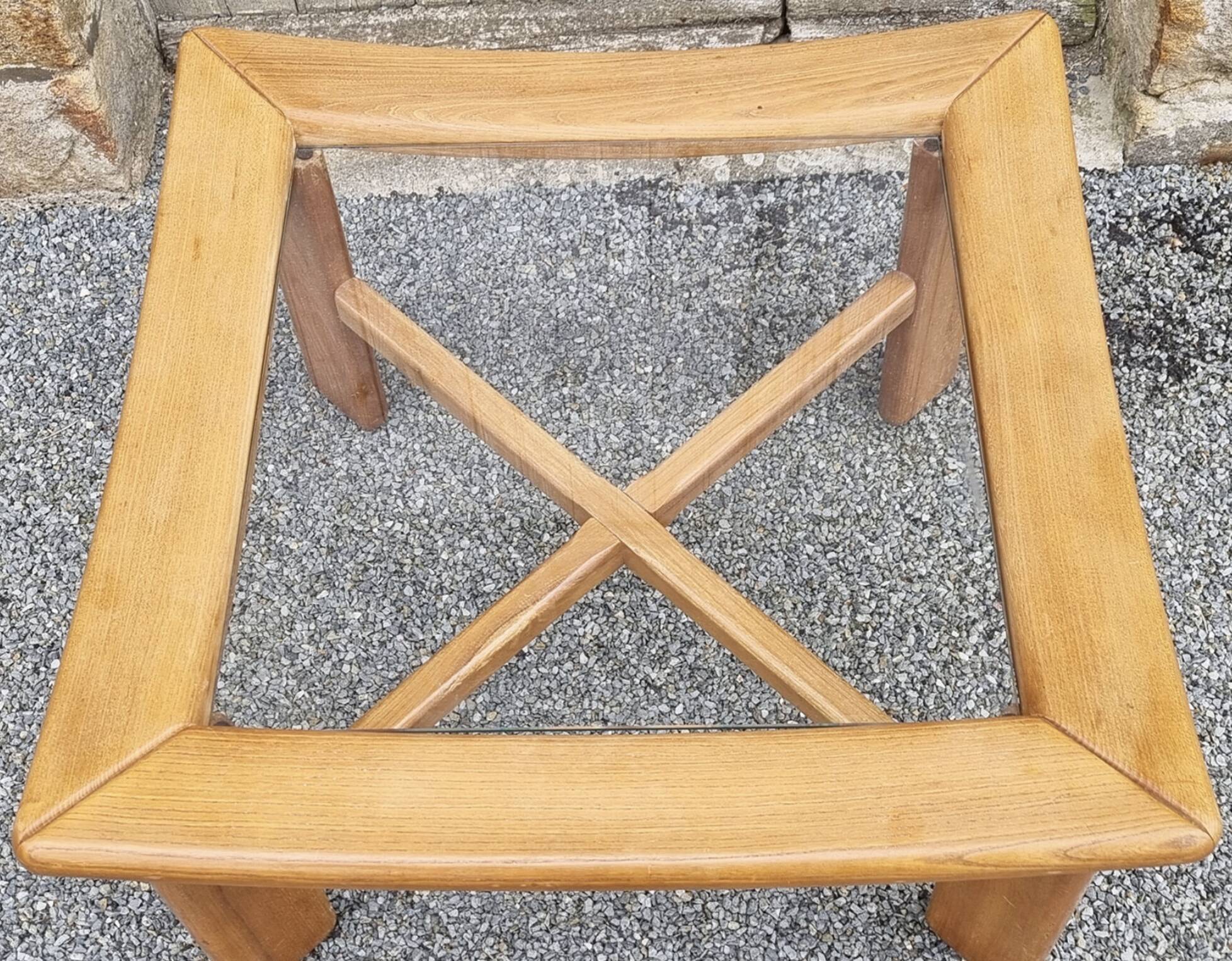 Scandinavian design coffee table, solid wood and glass, vintage, 70s