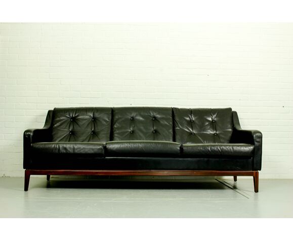 Black Leather Sofa Vintage Retro Teak, Norwegian Leather Sofas