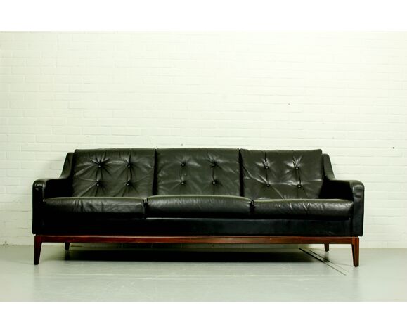 Black Leather Sofa Vintage Retro Teak Mid Century 50s Selency Black Leather Sofa Vintage Retro Teak, Norwegian Leather Sofas