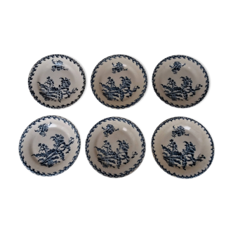 Lot de six assiettes plates en faïence Gien décor chardons bleu