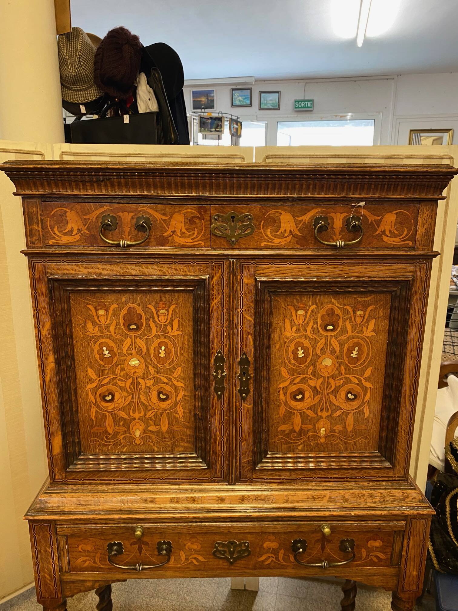 Lady bonheur du day secretary cabinet oak with marquetry and mother-of-pearl