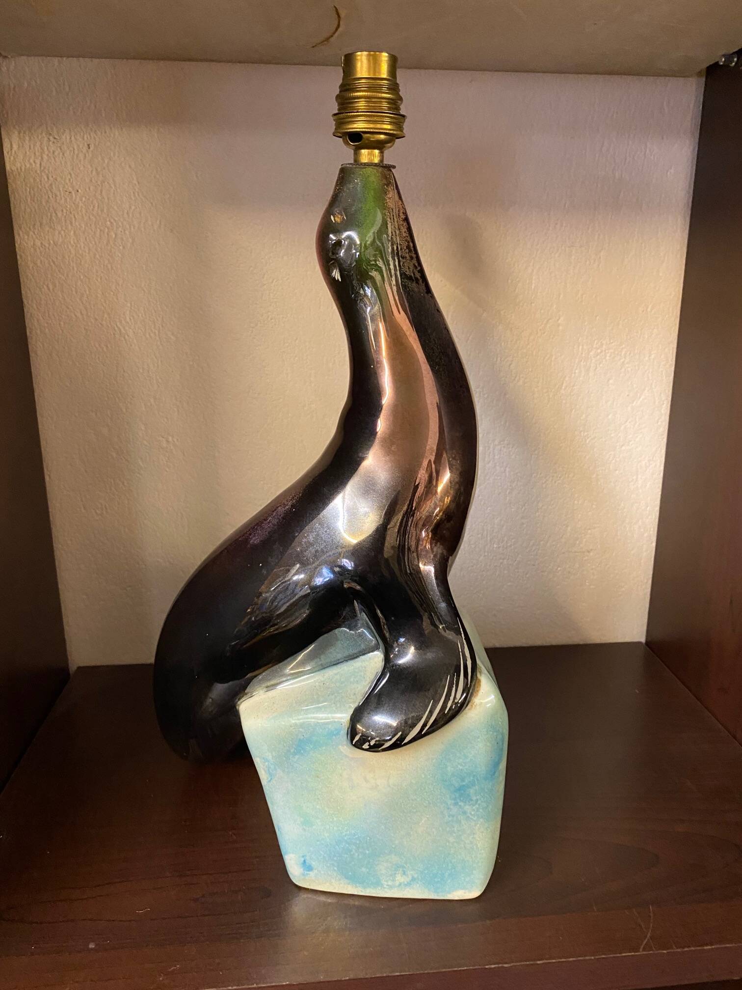 1950s Ceramic Sea Lion Lamp with Black Varnished Enamel, Signed