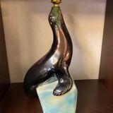 1950s Ceramic Sea Lion Lamp with Black Varnished Enamel, Signed