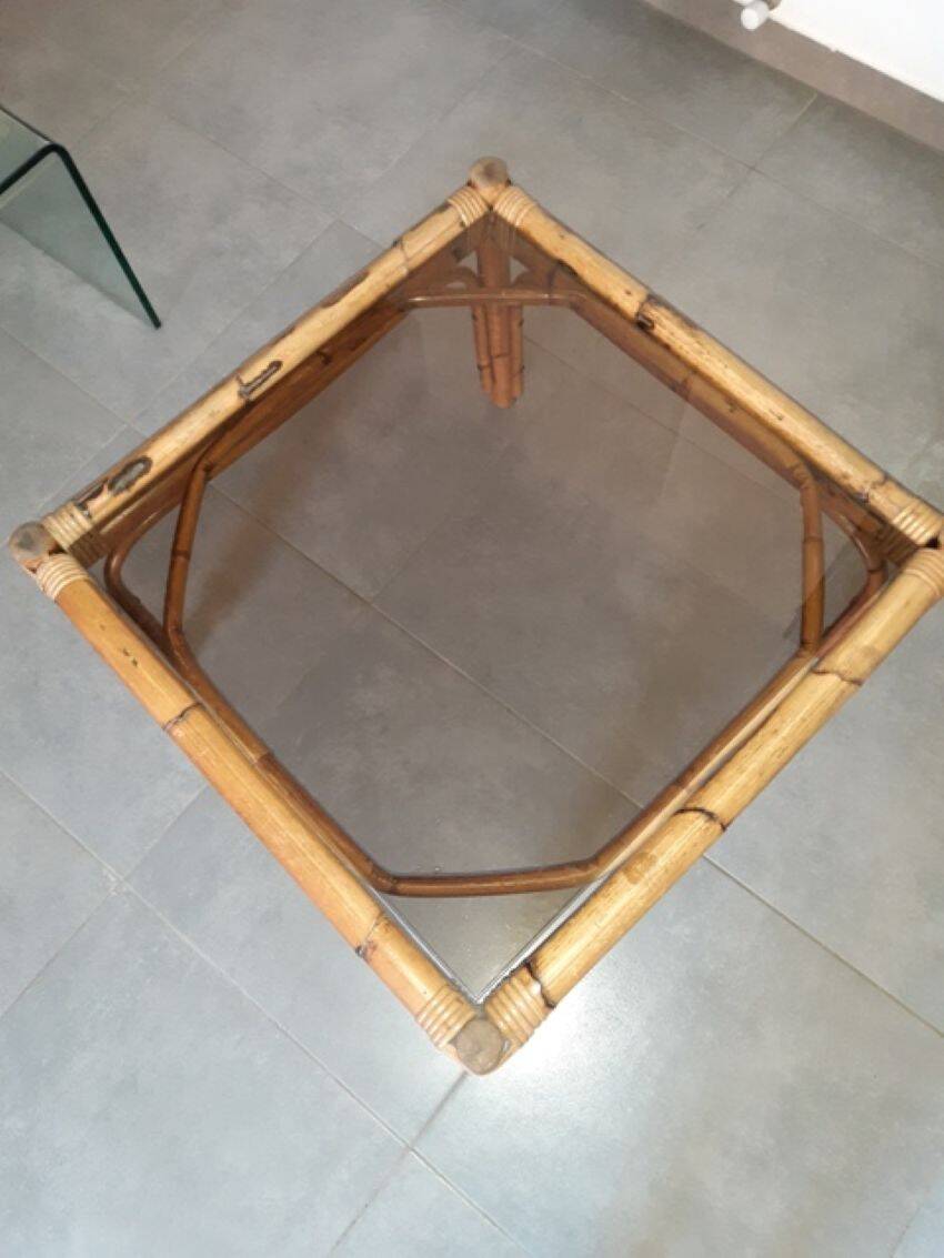 Vintage coffee table, rattan, bamboo and glass in the style of Vivai del Sud.