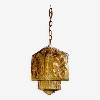 Suspension Art Déco en verre ambré, type lanterne, années 1920-30