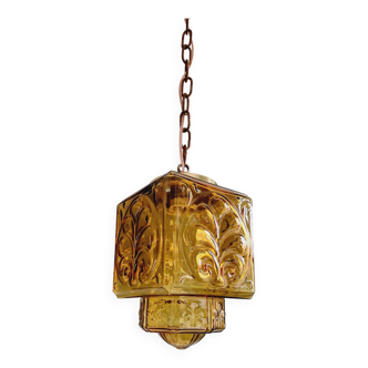 Art Deco pendant light in amber glass, lantern type, 1920s-30s