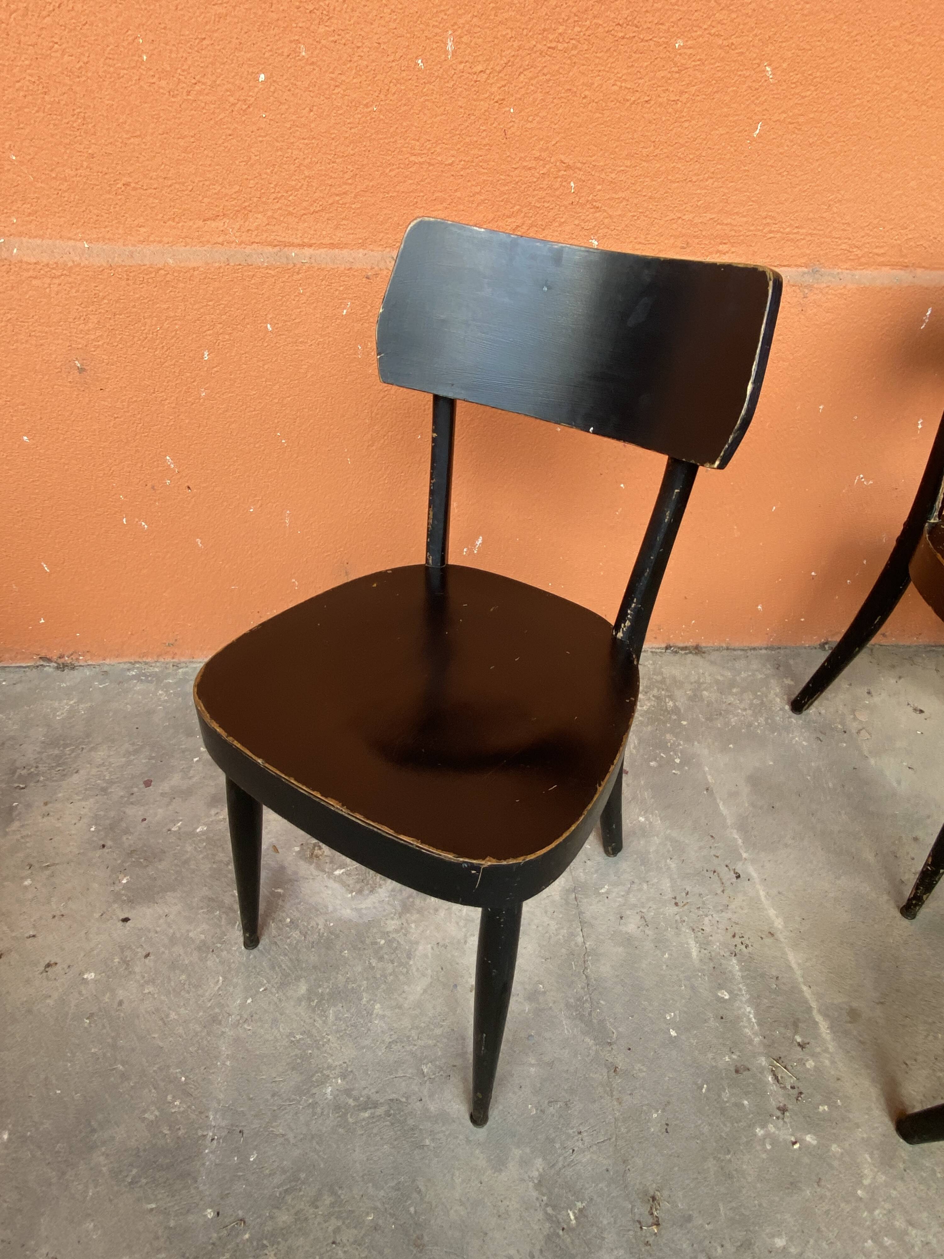6 patinated curved wood bistro chairs