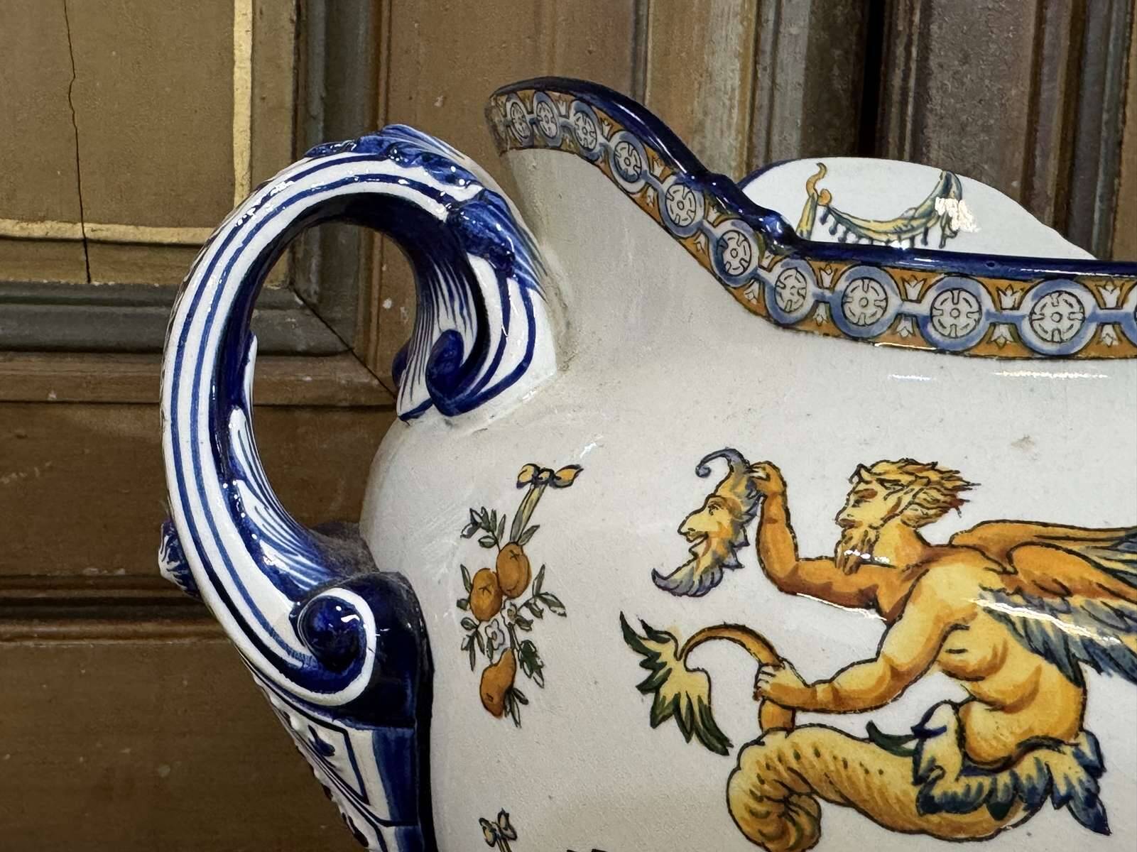 Gien earthenware cache pot from the late 19th century with Renaissance decoration.