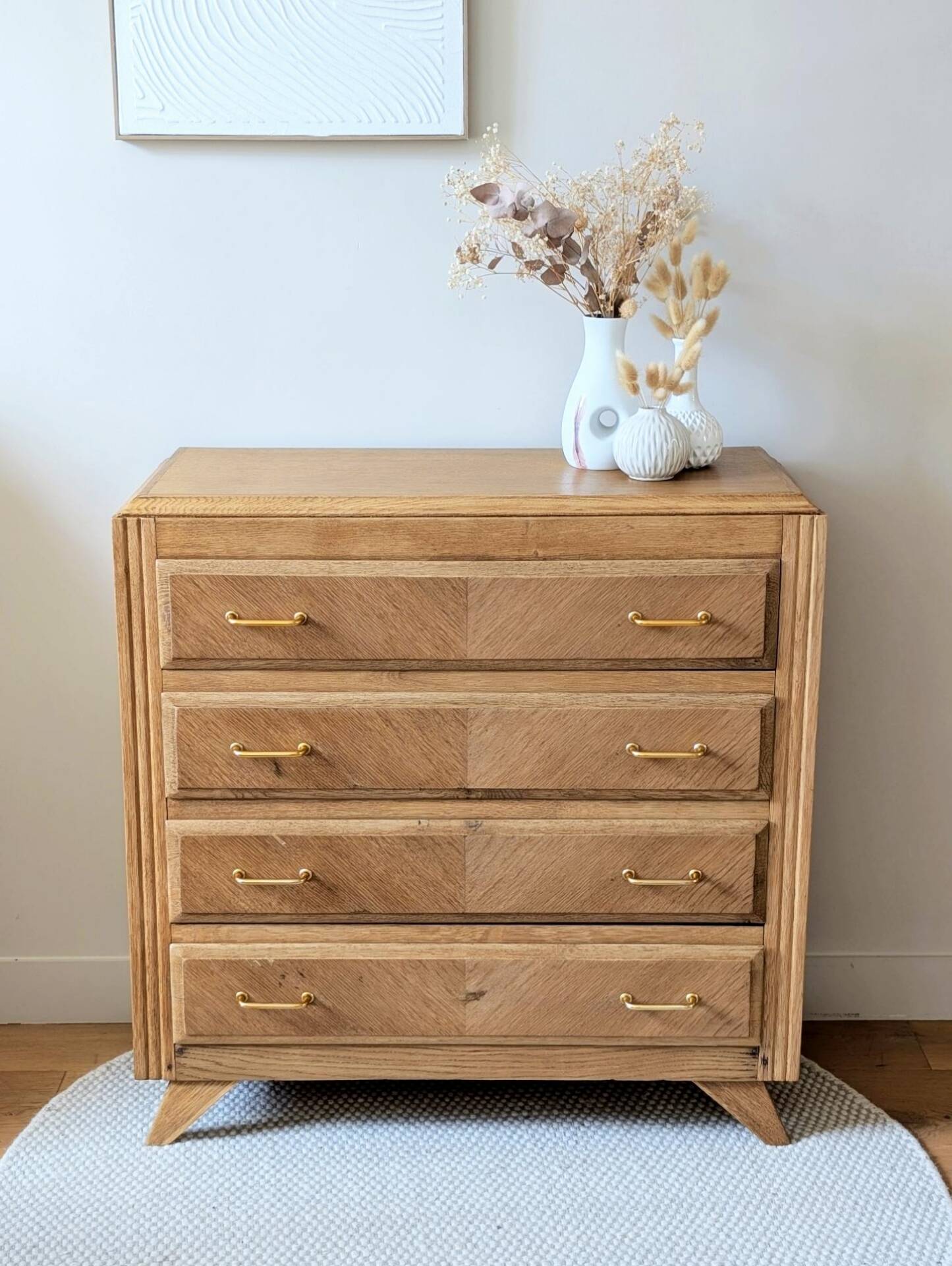 Commode vintage rénovée, chêne blond, pieds compas, années 50 60