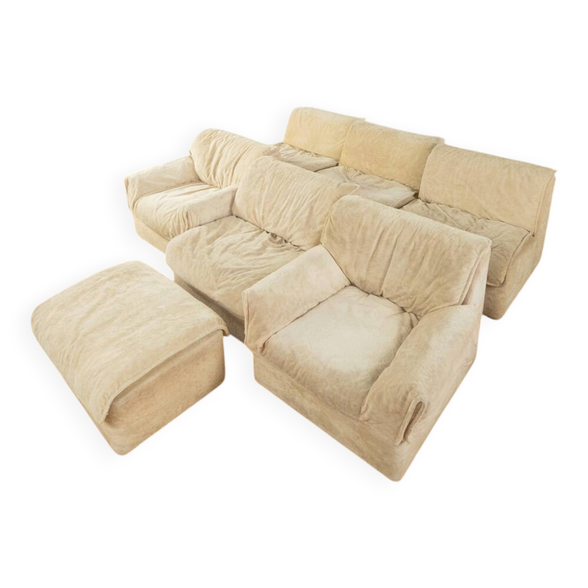COR Space Age seating group, 1970s, set of 6 armchairs and footstool, cream white