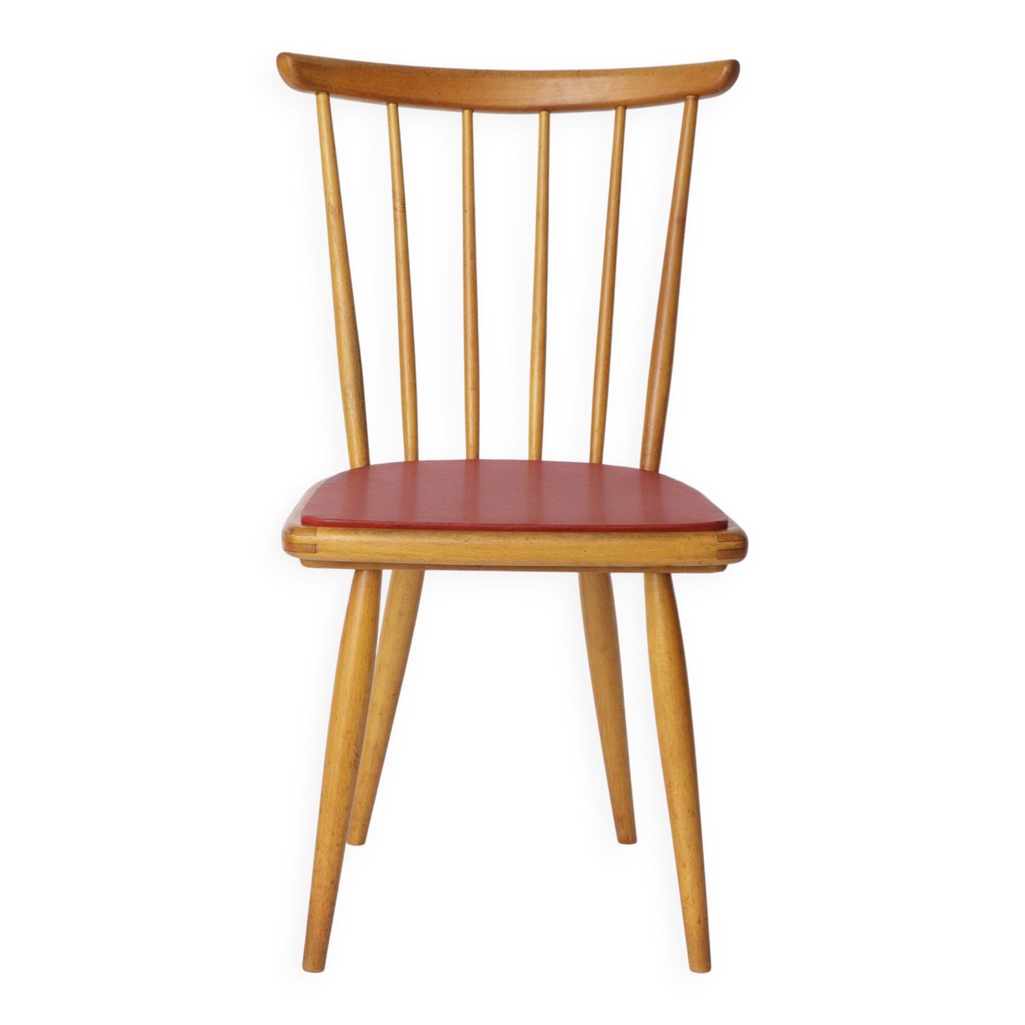 Vintage Beech Dining Chair with Original Red Faux Leather Seat – 1960s/70s
