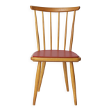 Vintage Beech Dining Chair with Original Red Faux Leather Seat – 1960s/70s