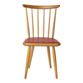 Chaise de salle à manger vintage en hêtre avec assise en similicuir rouge d'origine – années 1960/70