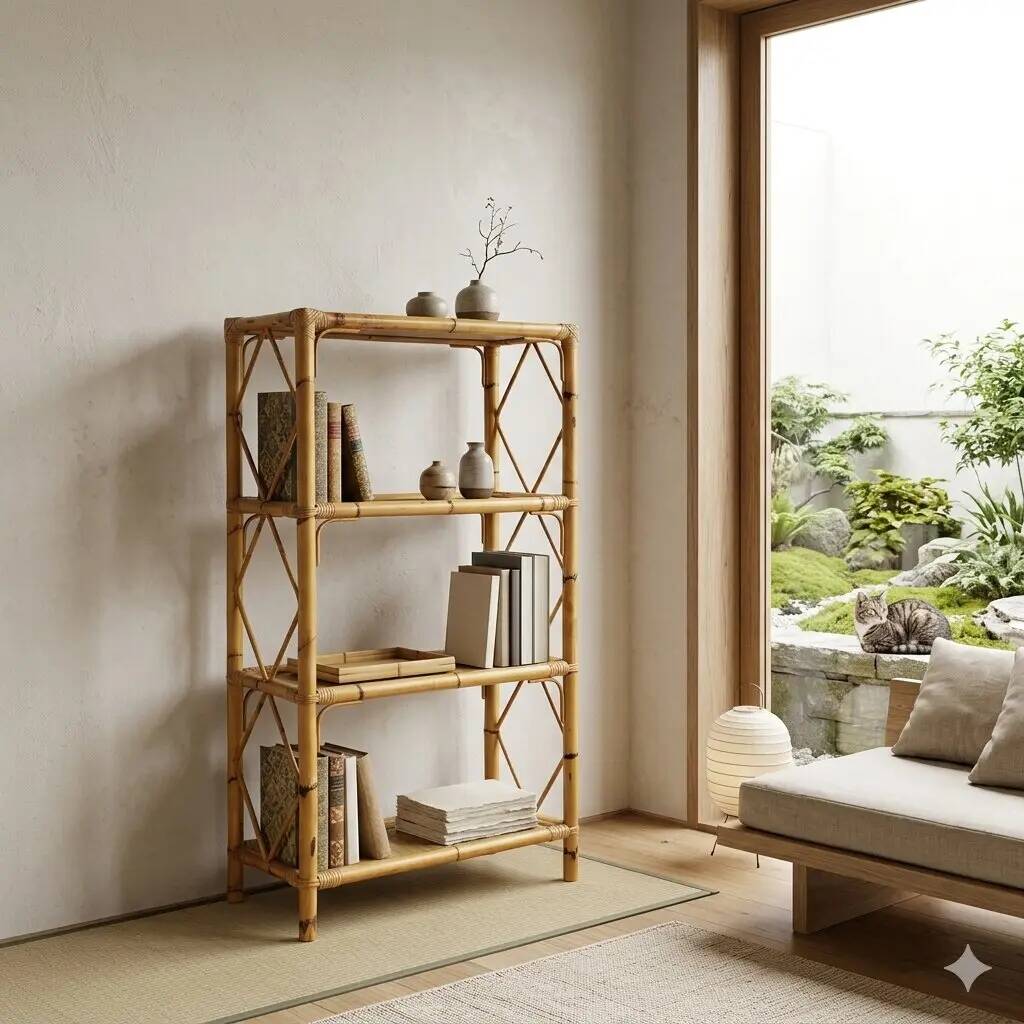Vintage bamboo and wicker bookshelf, Italy, 1980s