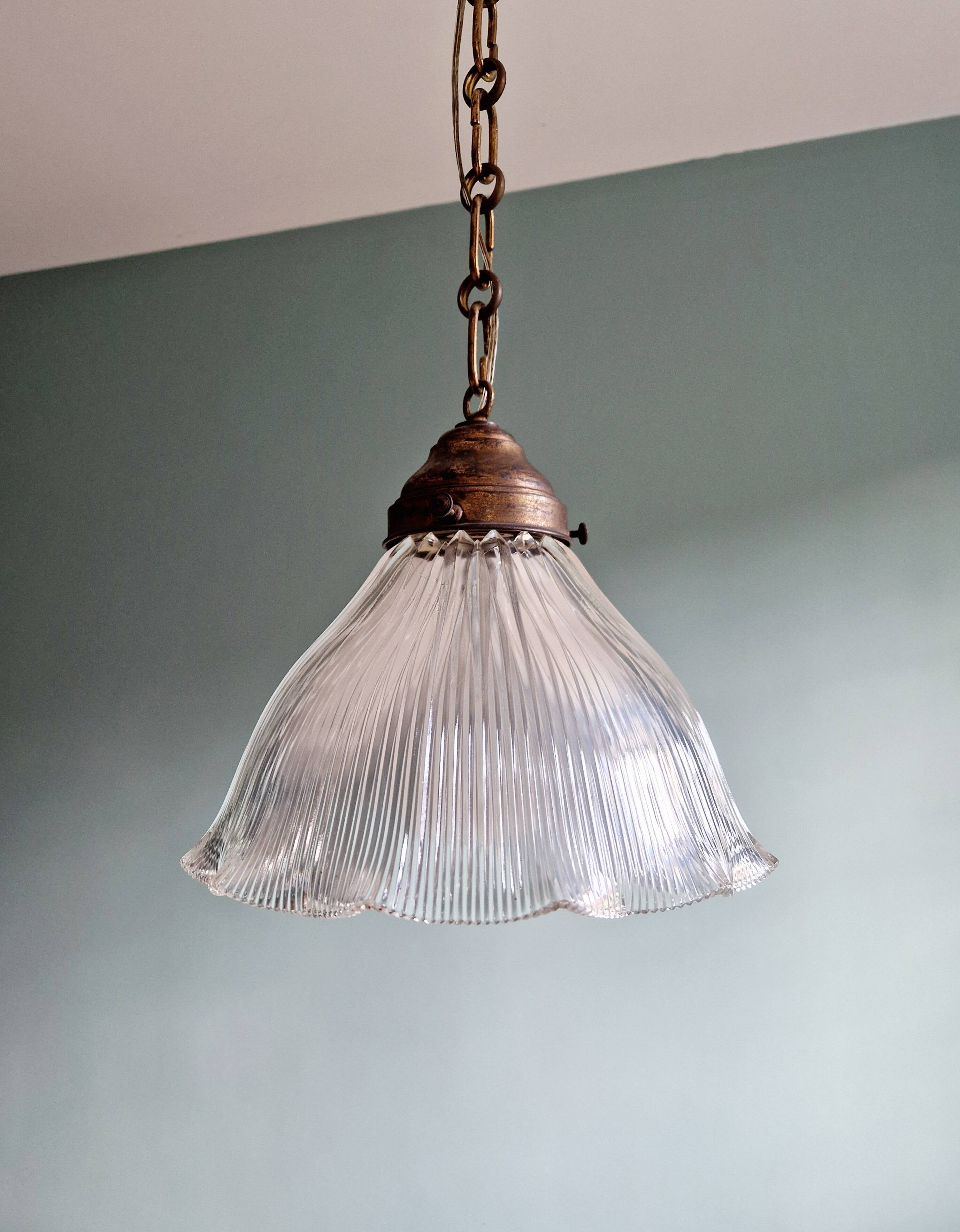 Large Holophane pendant light in transparent grooved glass