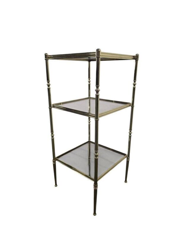 Étagère vintage 'dorée' / étagère sur pied avec verre fumé