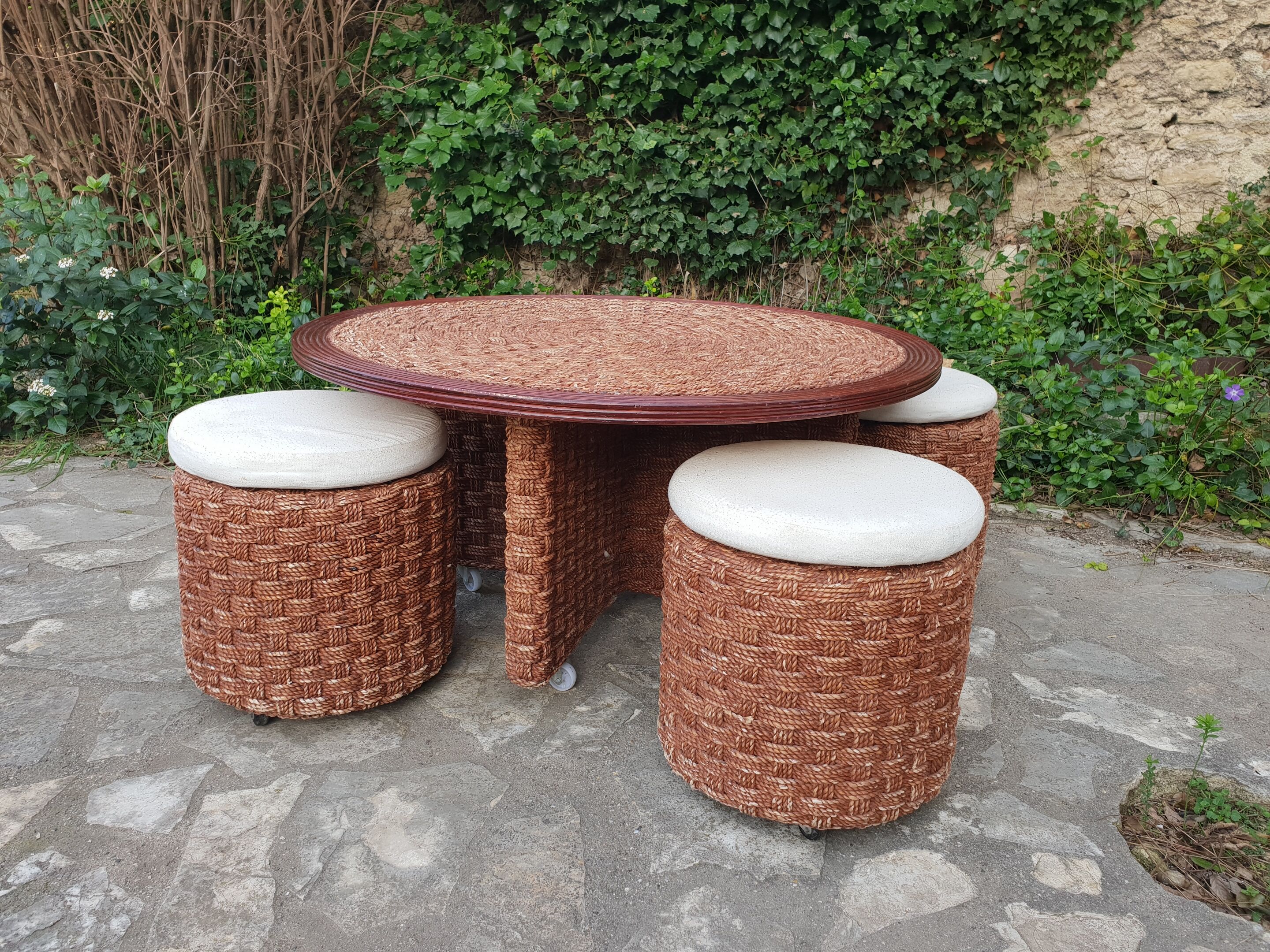 Vintage rope coffee table and stools