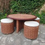 Table basse et tabourets en corde vintage