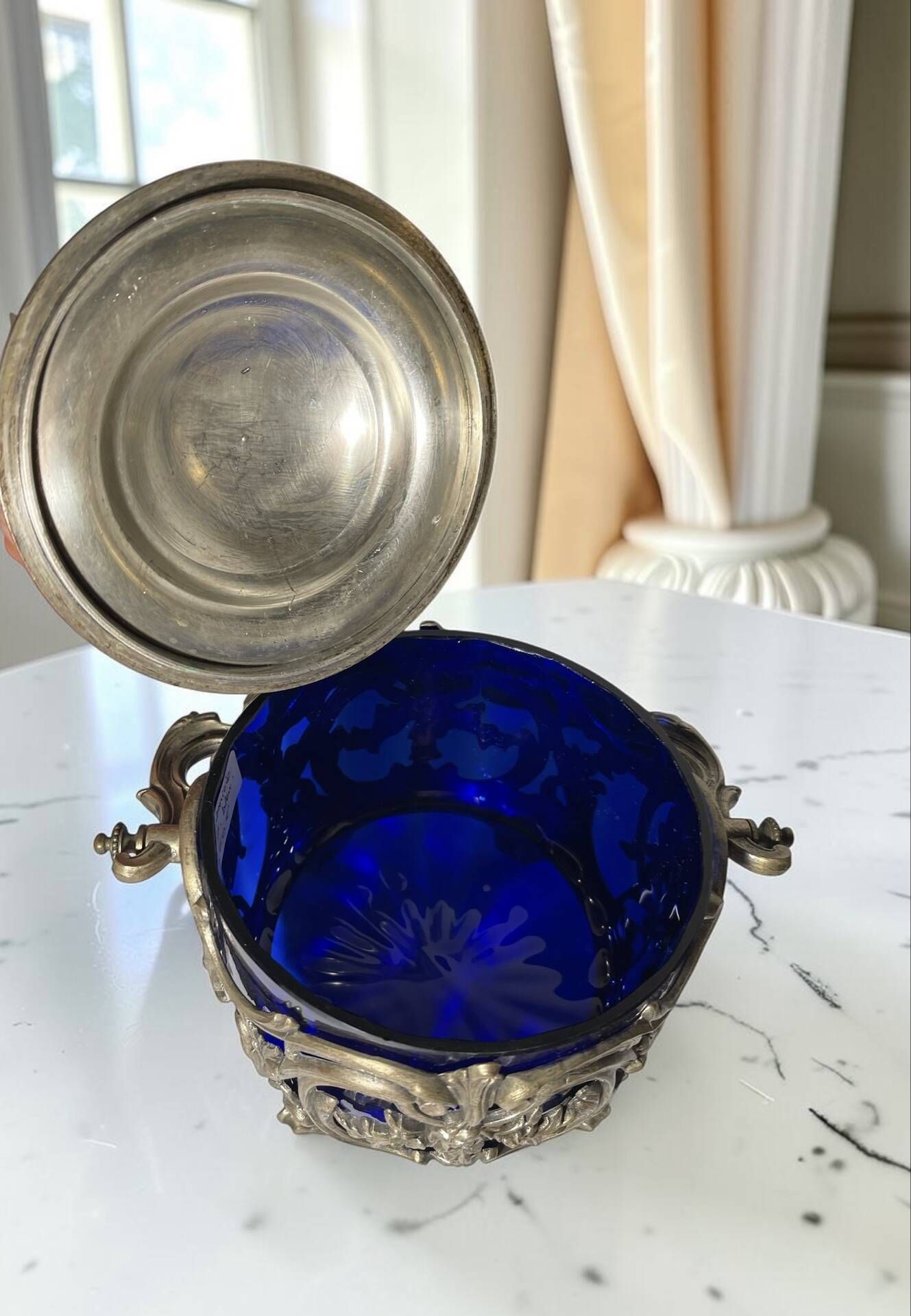 Antique cobalt blue glass biscuit barrel with ornate metal – Louis style