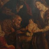 Flemish 18th century framed religious oil on wood painting Adoration of the