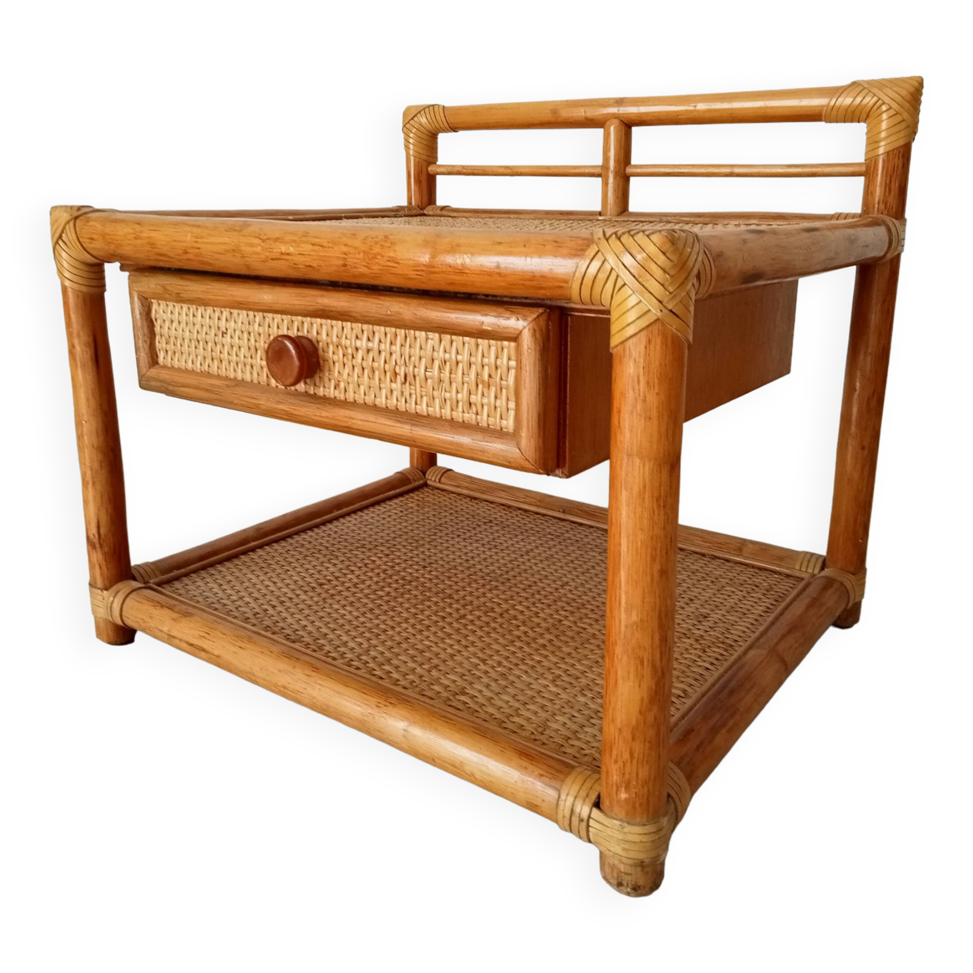 Vintage Maugrion side table in bamboo and rattan