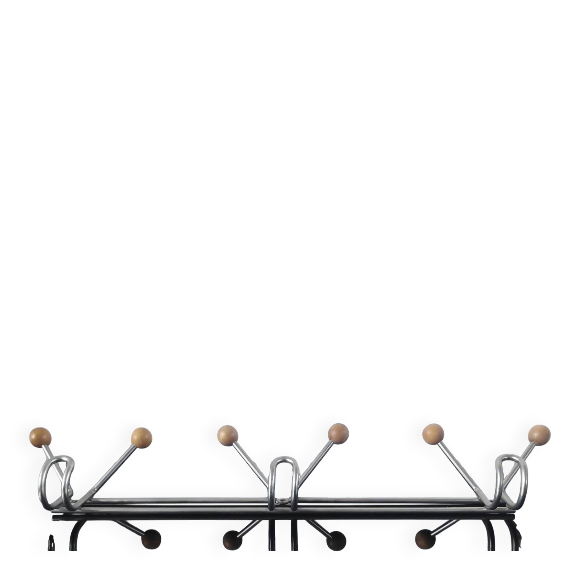 Vintage wall coat rack in brushed metal with wooden balls – Year design