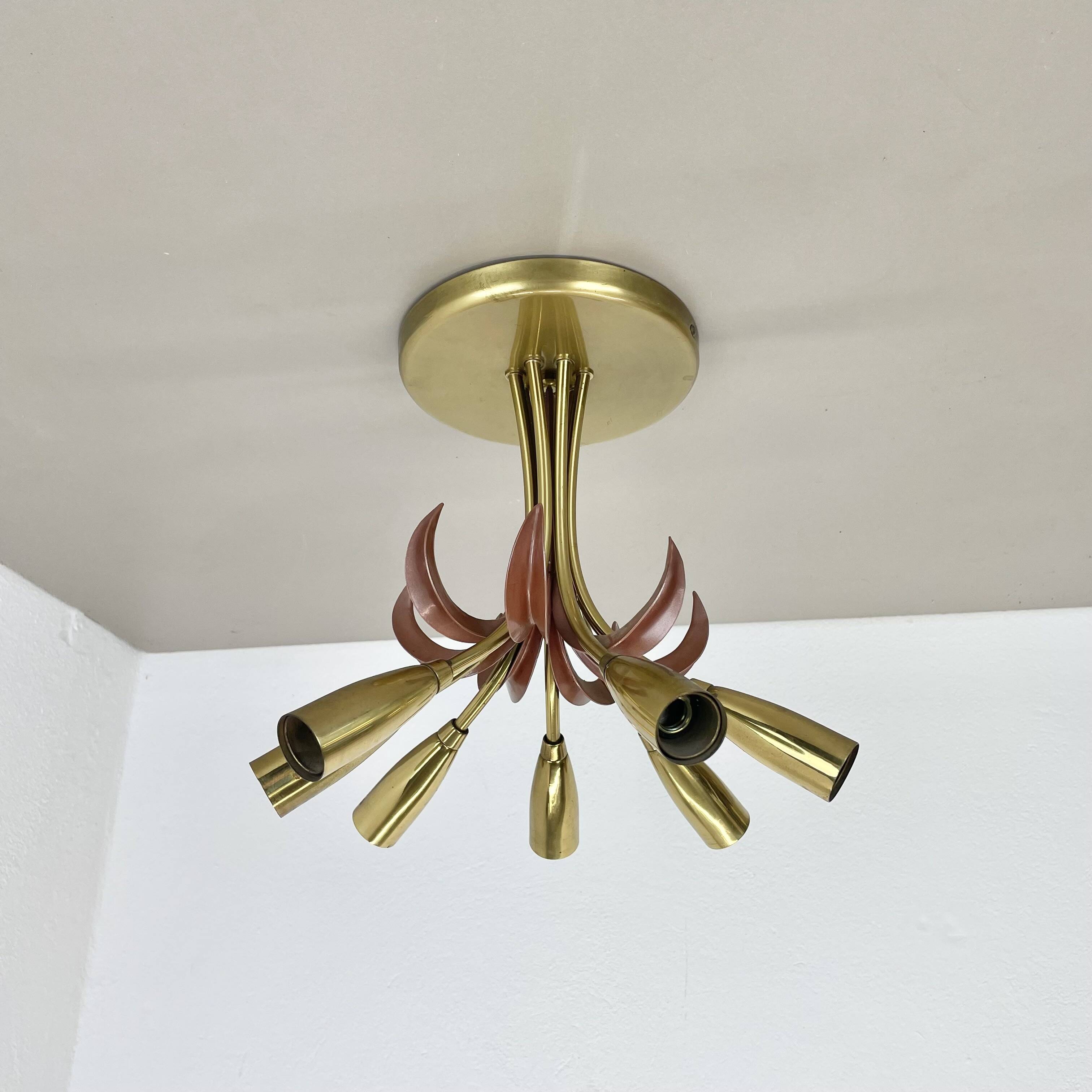 Brass Italian Stilnovo Style Theatre Ceiling Light Flush Mount, Italy, 1950