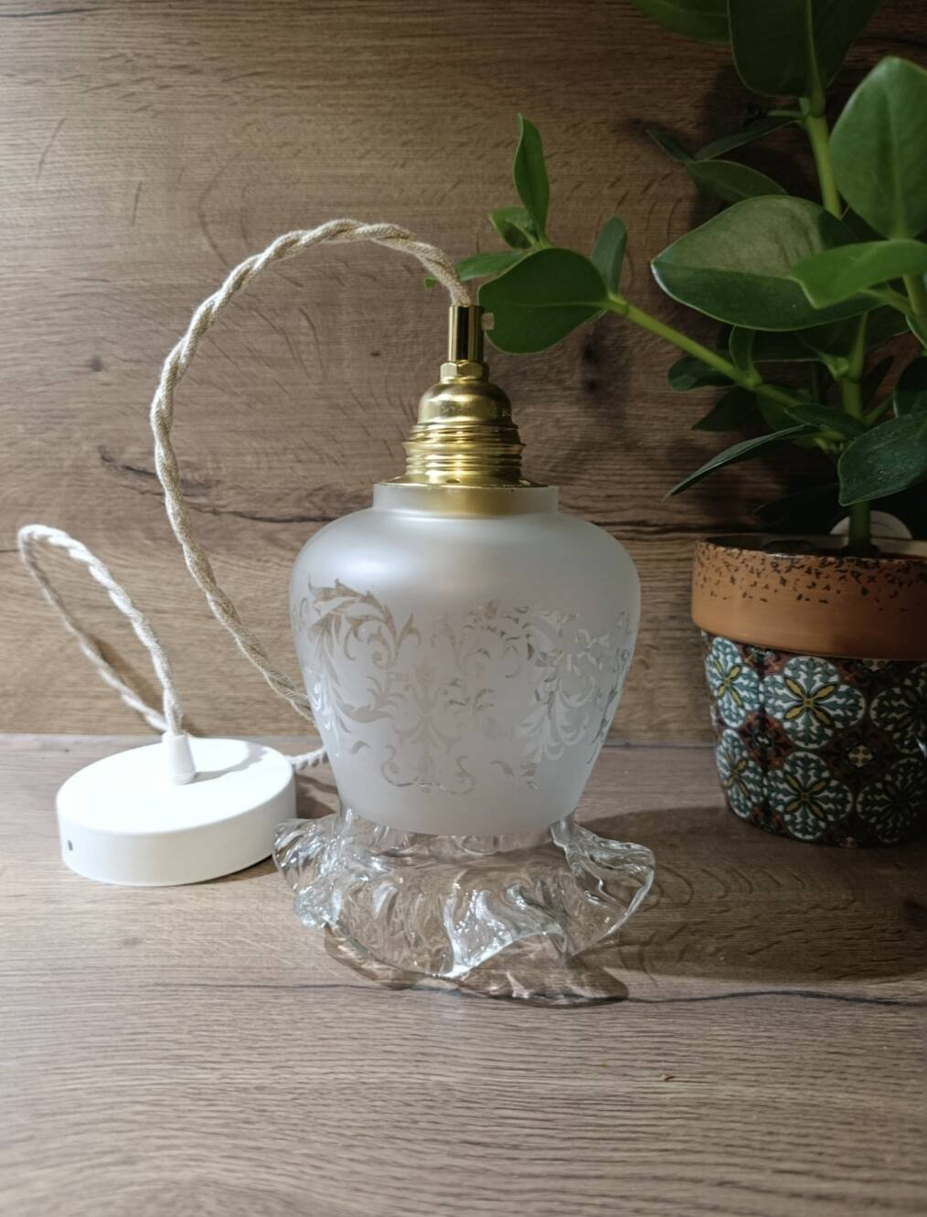 frosted glass suspension tulip shape, twisted linen cord, vintage