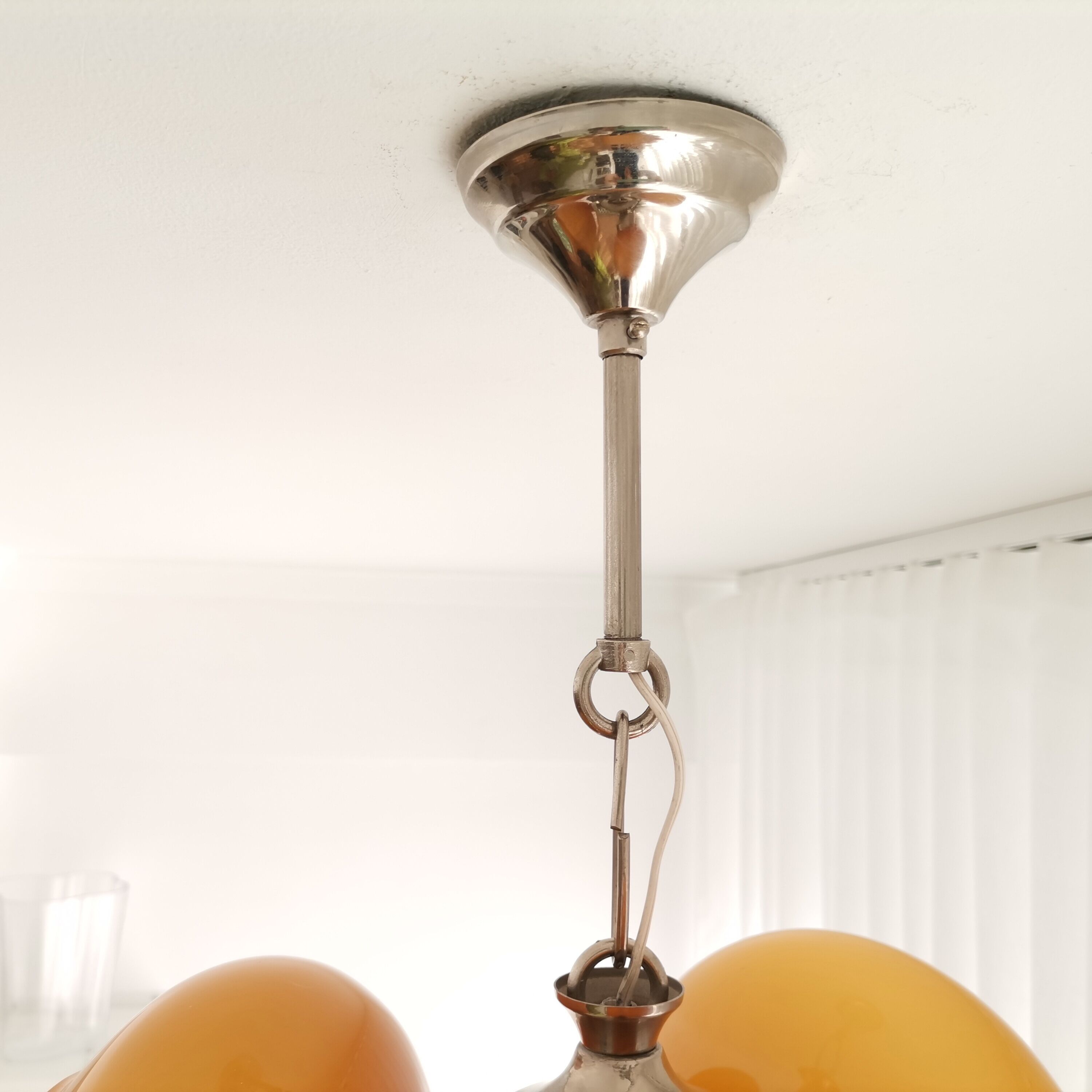 Vintage mid century modern 3-light orange glass chandelier
