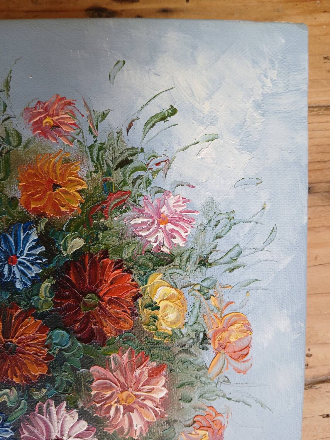 Small painting, bouquet of flowers, blue background