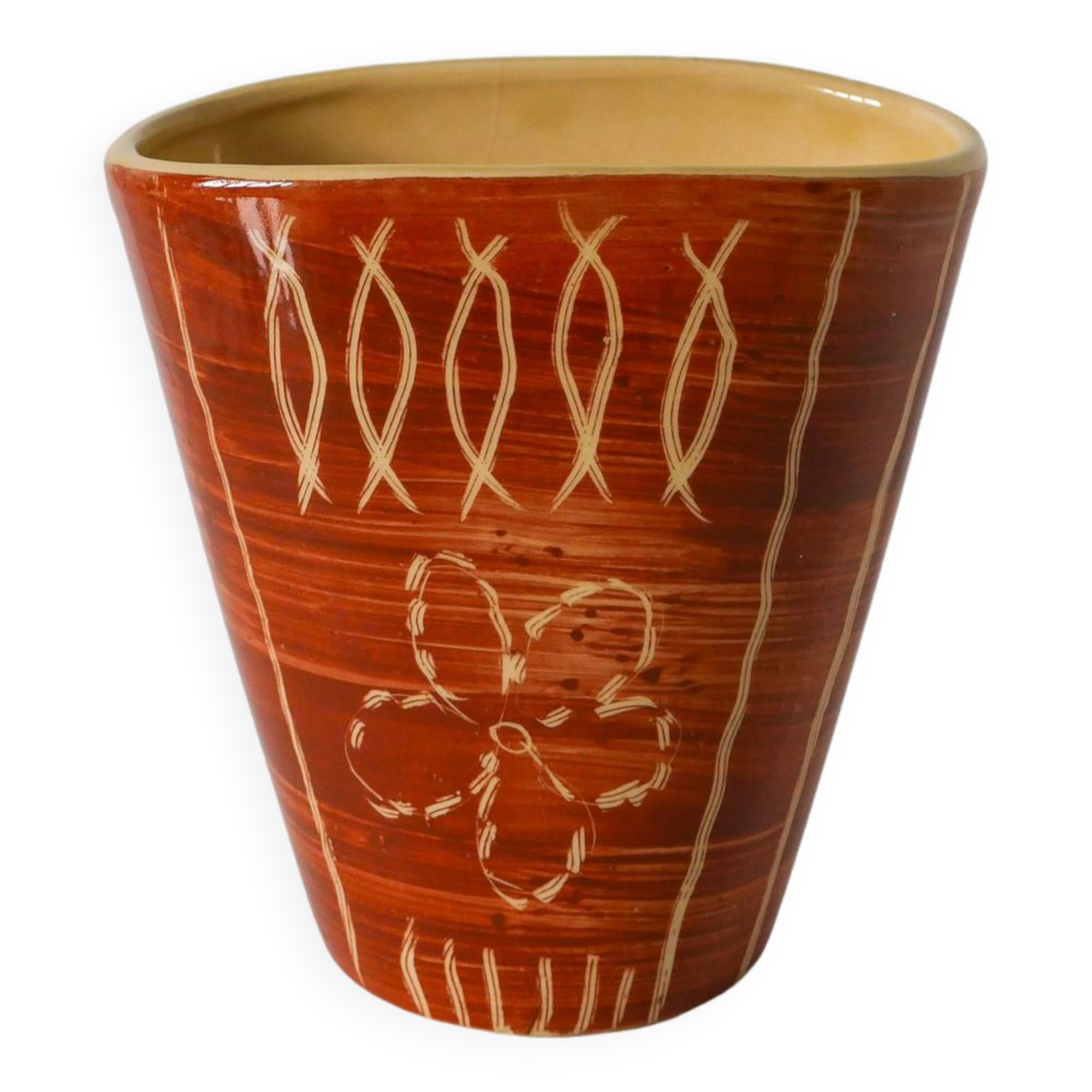 Patterned beige and brown ceramic vase, numbered 1970