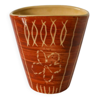 Vase en céramique beige et marron à motifs, numéroté 1970