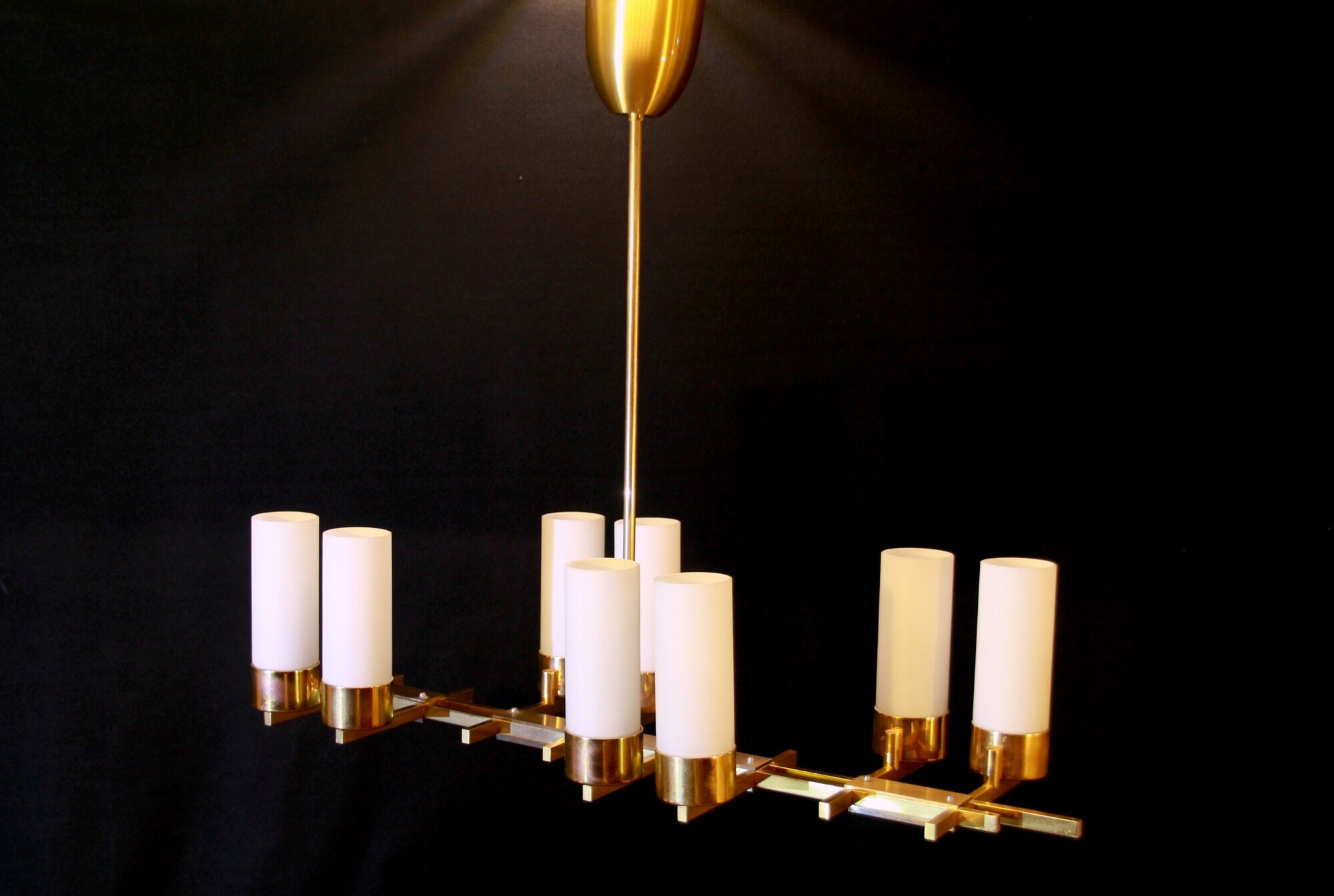 Mid-century, brass chandelier, height opalines, france