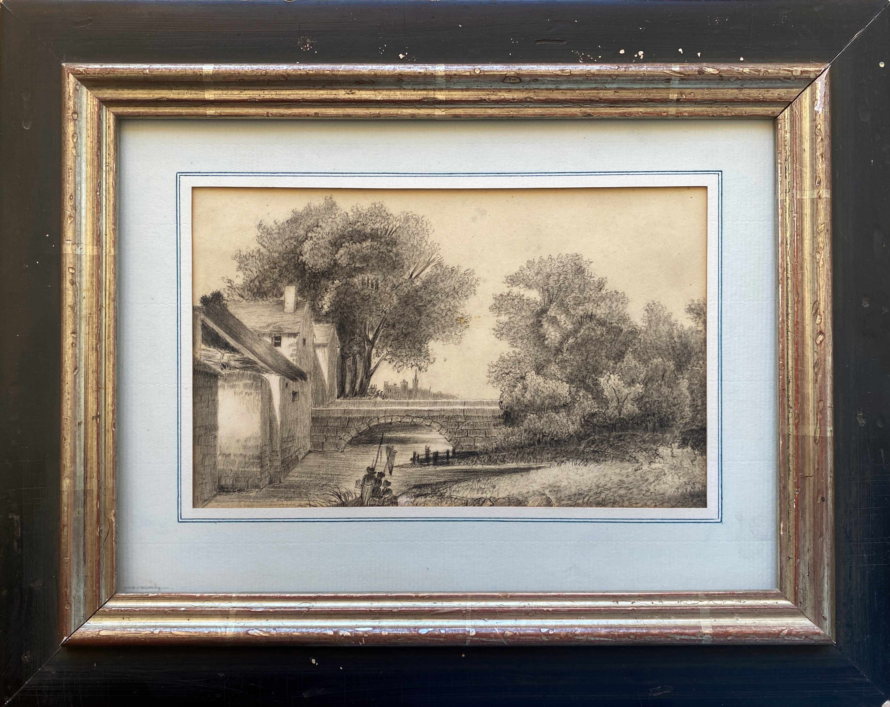 Painting drawing XIX ° Dijon St Benigne fisherman l'Ouche and frame