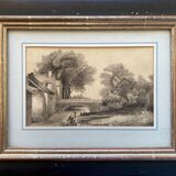 Painting drawing XIX ° Dijon St Benigne fisherman l'Ouche and frame