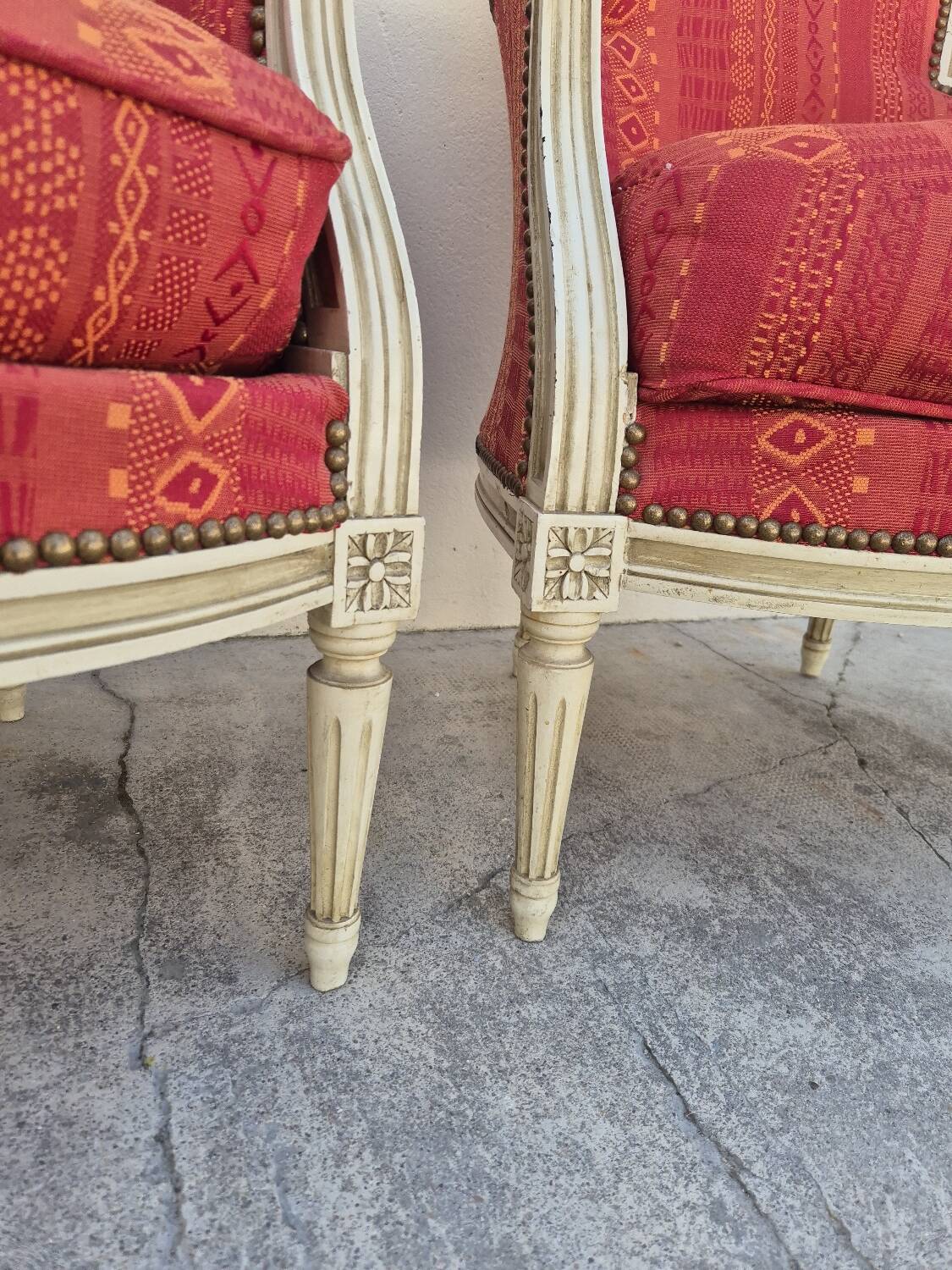 Pair of Louis XVI style bergère armchairs, antique.