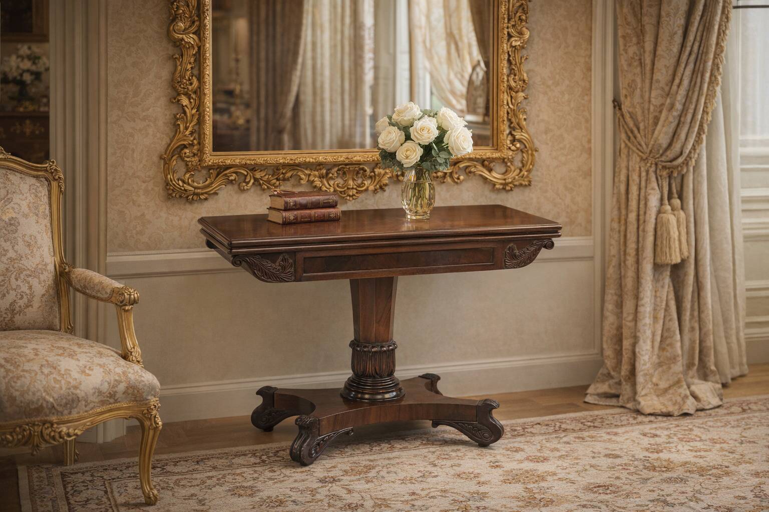 Table de jeu en livre ancien en acajou.