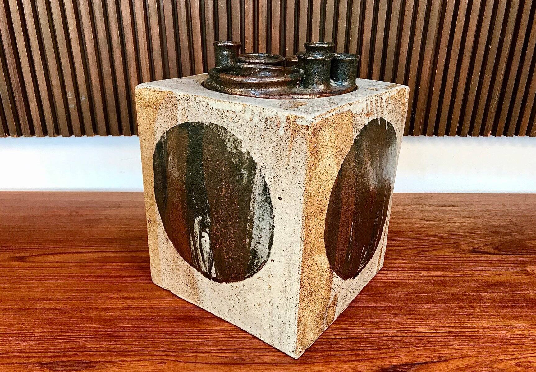 Brutalist ceramic art cube vase by Annette Merkenthaler, Germany 1960s