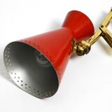 1950s brass extendable scissor wall lamp with aluminum diabolo shade in red