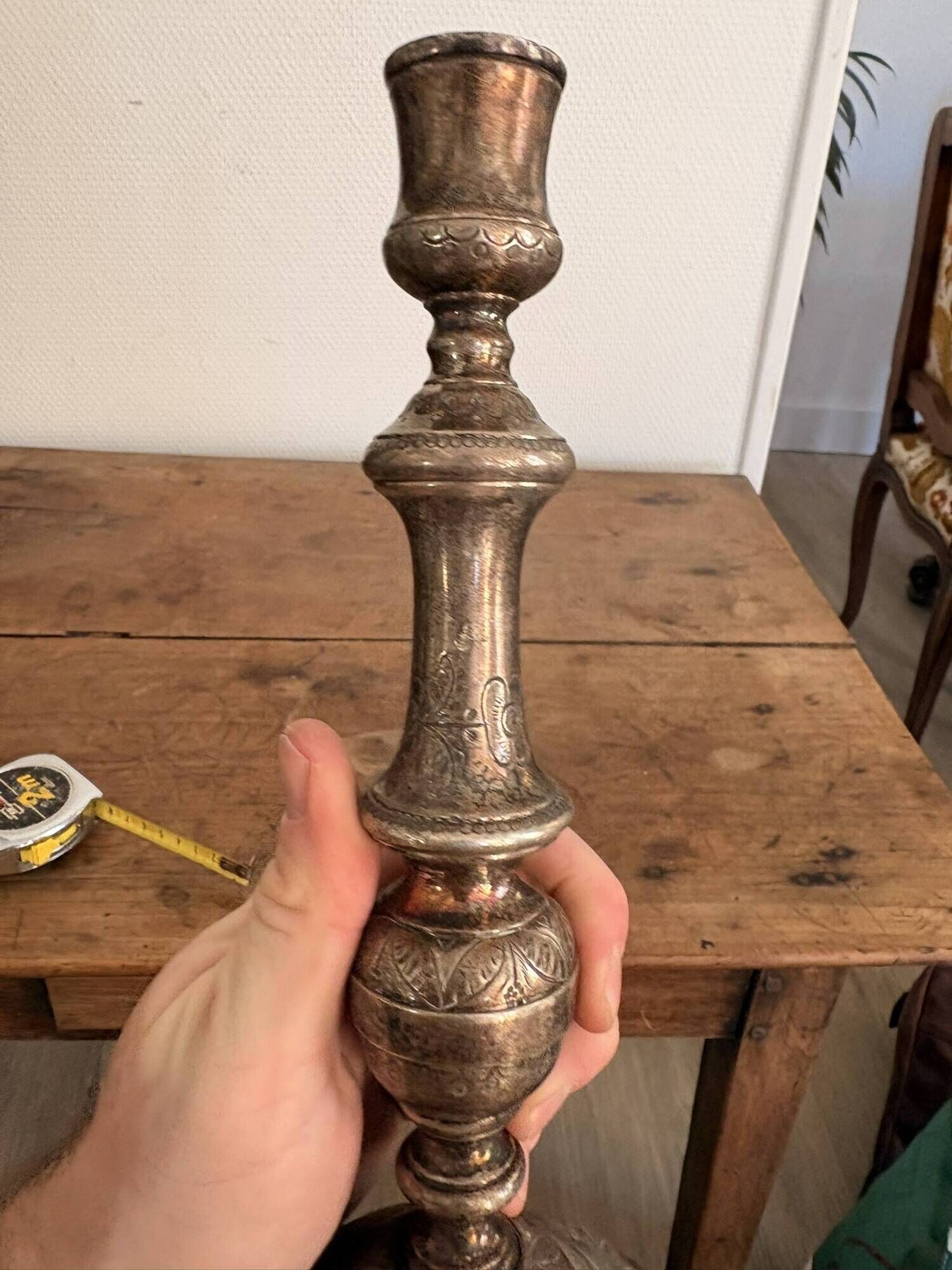 Antique Silver-Plated Candle Holder Torch, Louis XV Style, Table Decoration