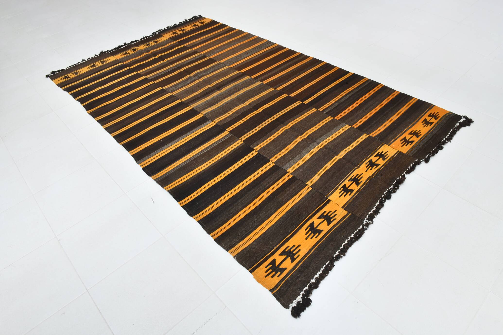 Tapis Kilim vintage rayé orange et marron 6x9, 172x291 cm
