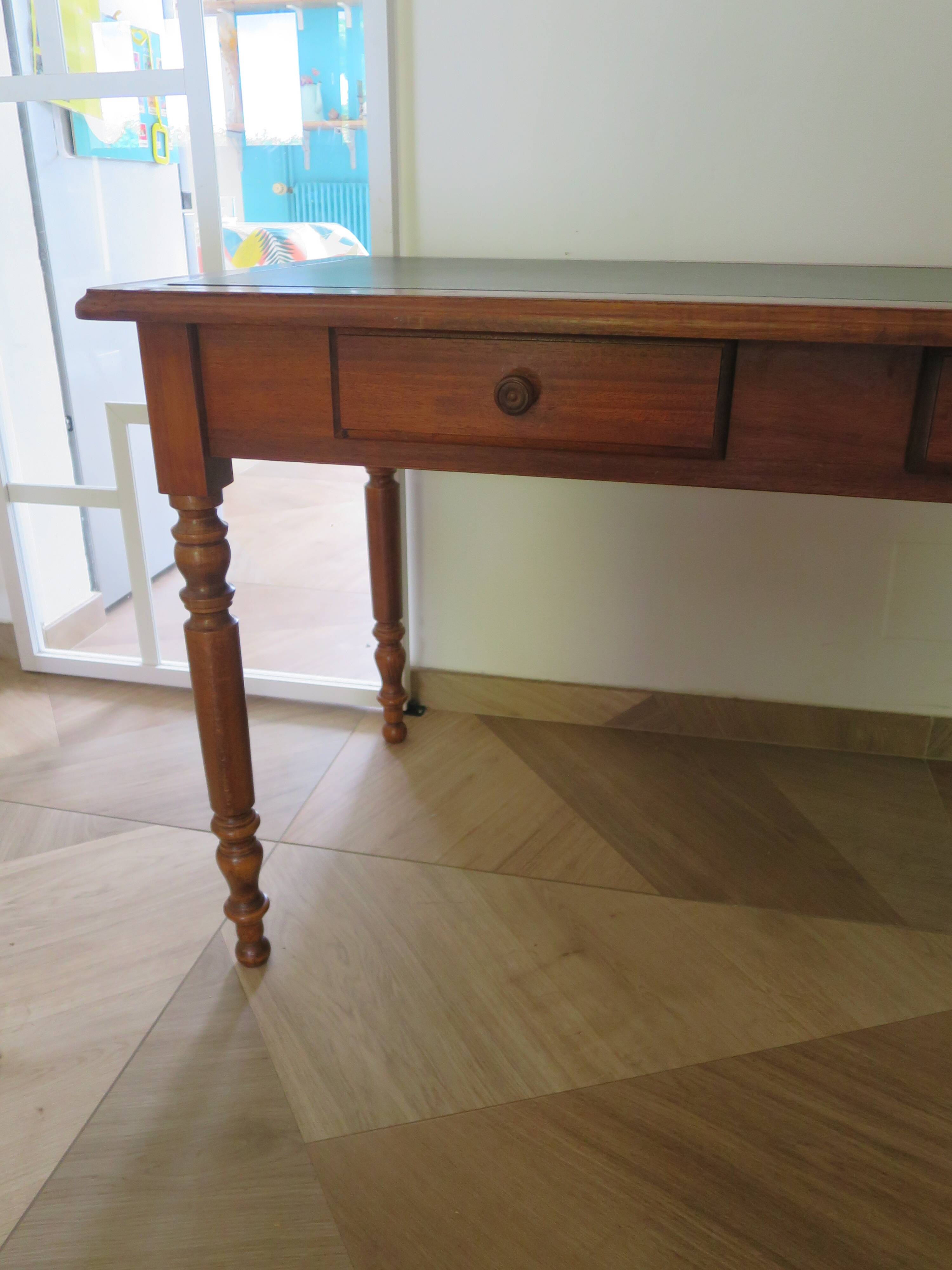 Minister's desk in Louis Philippe style – 2 drawers – cherry wood – green writing pad
