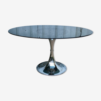 Table tulipe ovale verre et chrome 1970