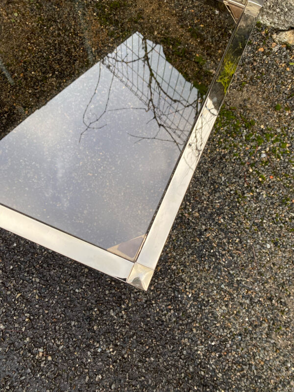 Table basse vintage 1970 rectangulaire doree verre fume marron